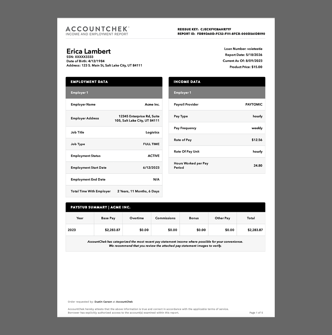 AccountChek VOIE Sample Report
